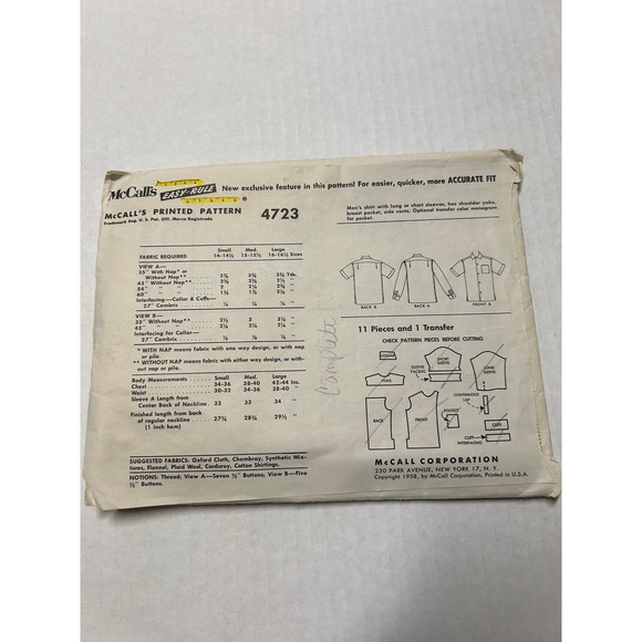 McCalls Vintage 1950's Pattern #4723 Men's Shirt with Monogram Size 15-15.5 - Picture 6 of 6